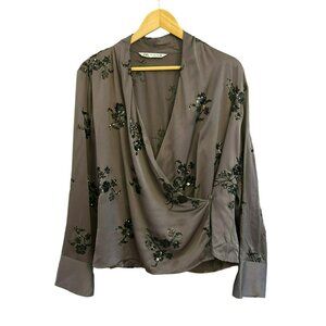Zara Women's Brown Long Sleeve Sequin Wrap Blouse Large Floral V Neck Night Out